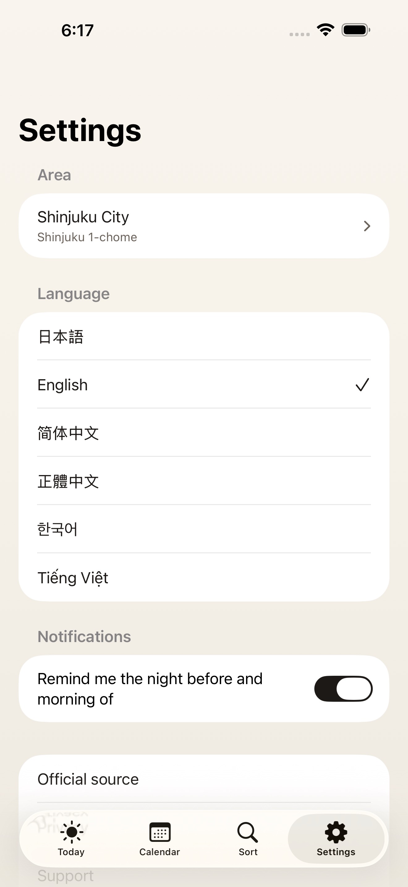 Gomi Calendar settings in English