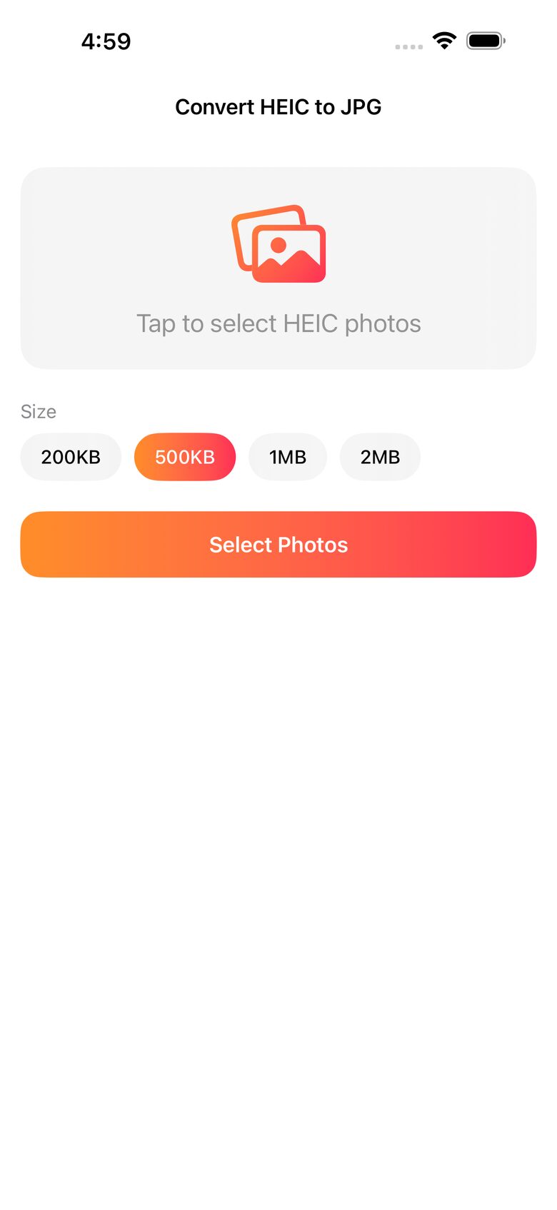 The empty start screen of the HEIC to JPG app