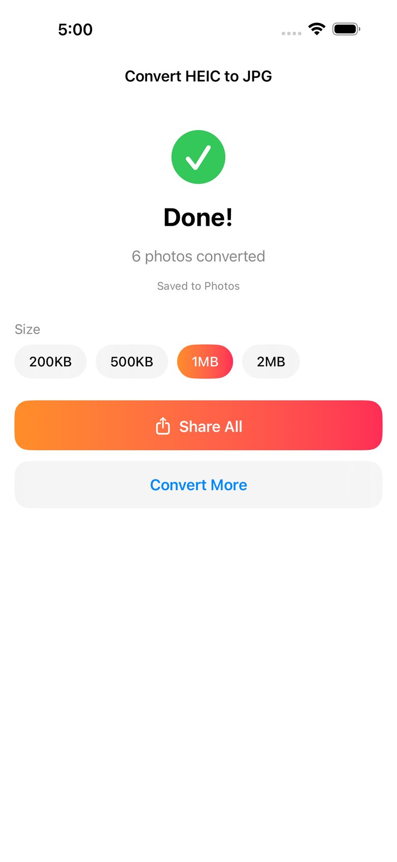 Conversion complete screen with a Share All option
