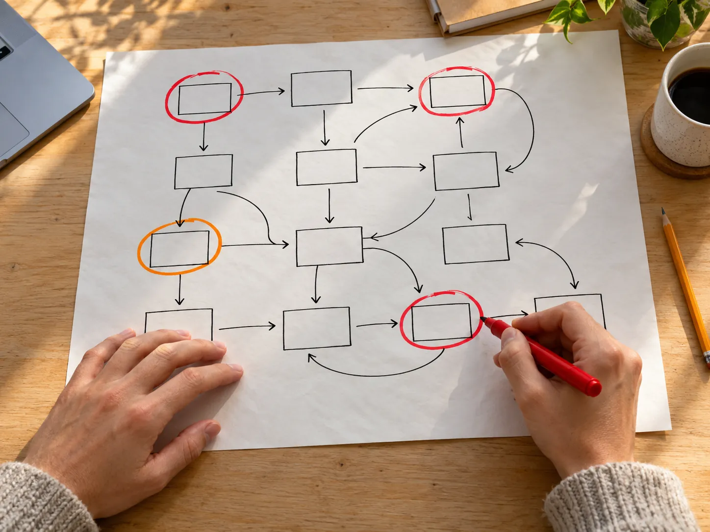 Hands circling steps in red marker on a hand-drawn workflow map