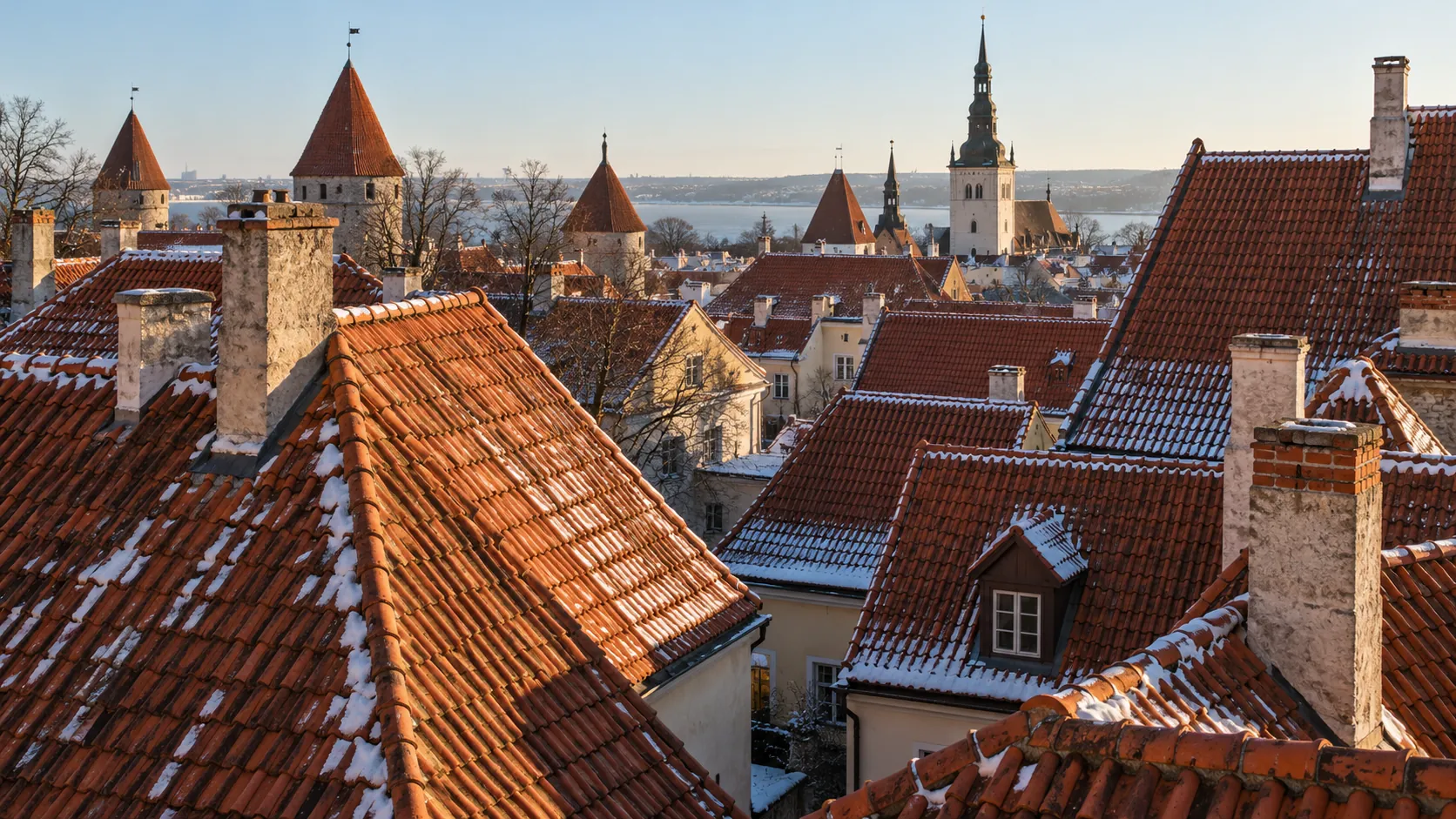 Snow-dusted red tile roofs of a Baltic old town on a winter morning