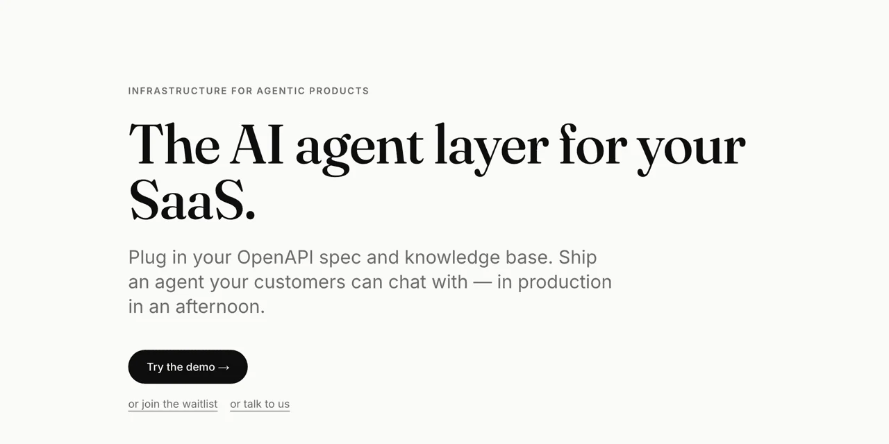 MakeYourAgent home page: the AI agent layer for your SaaS