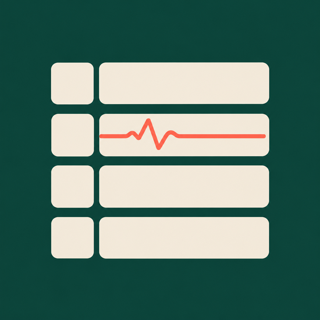 Plain Rows app icon: four cream rows on dark green, the second with a coral pulse line