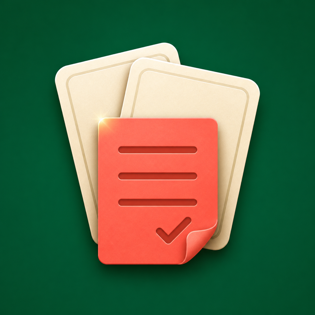 Rummy 500 Scorekeeper app icon: a coral score sheet with a check mark over two cream cards on green felt