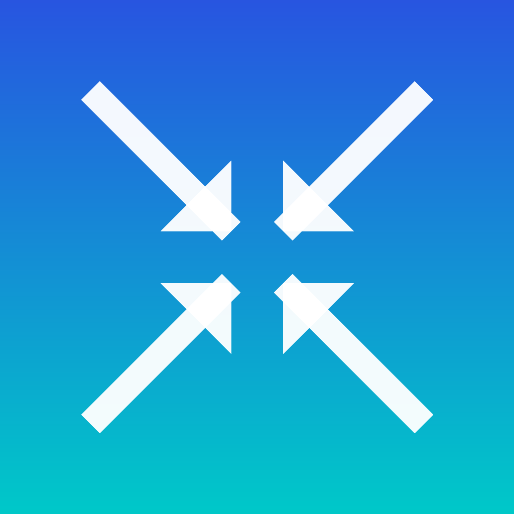 Squish app icon: four white arrows pointing to the centre on a blue to teal gradient